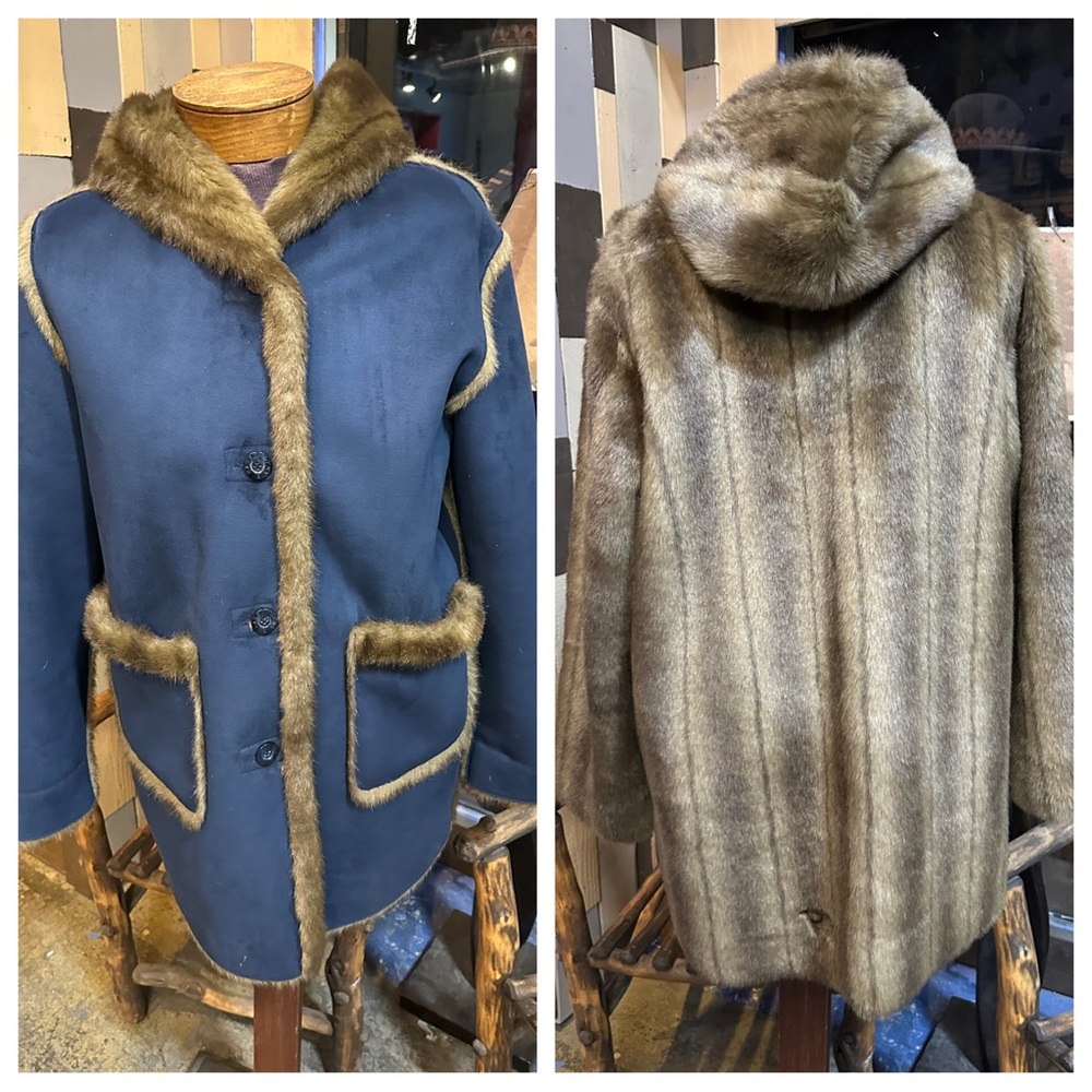 Dennis Basso REVERSIBLE Hooded Faux Fur Faux Shearling Trimmed Coat